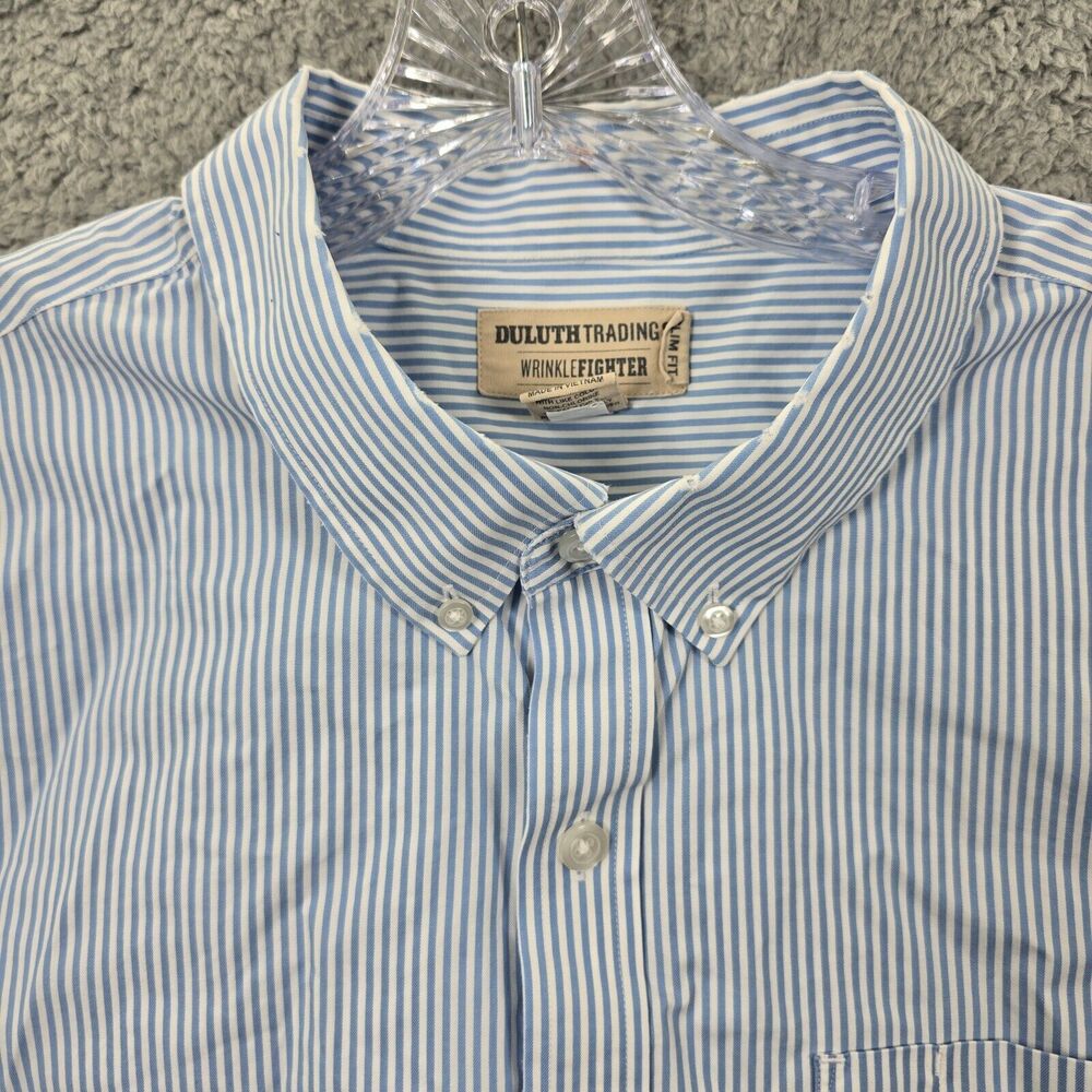 Duluth Trading Men’s Blue White  Striped Button Down Wrinkle Fighter Shirt 2XL - Picture 2 of 11